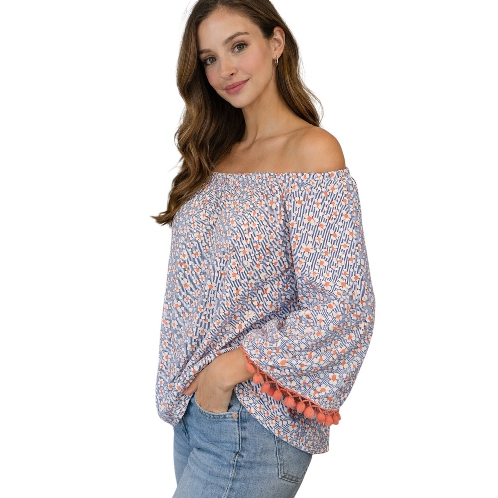 Grand & Greene Womens Small Blue Striped Floral Pom Pom Off Shoulder Boho‎ Top